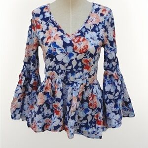 NWT Jane Delancey Boho Bell Sleeve Floral Flower Shirt 100% Cotton Blouse XL